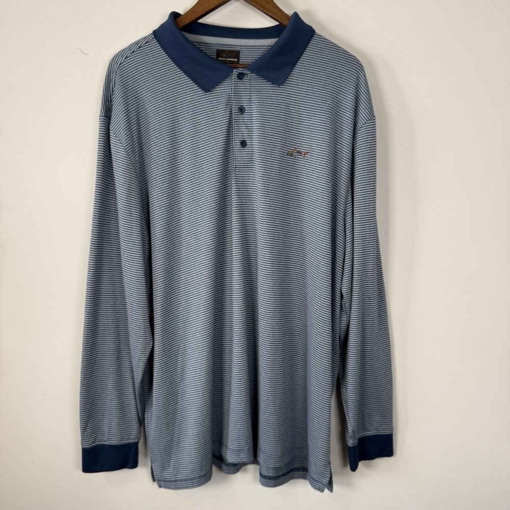 Greg Norman‎ Polo Long Sleeve Collared Blue White Stripe Men's Size XXL Golf